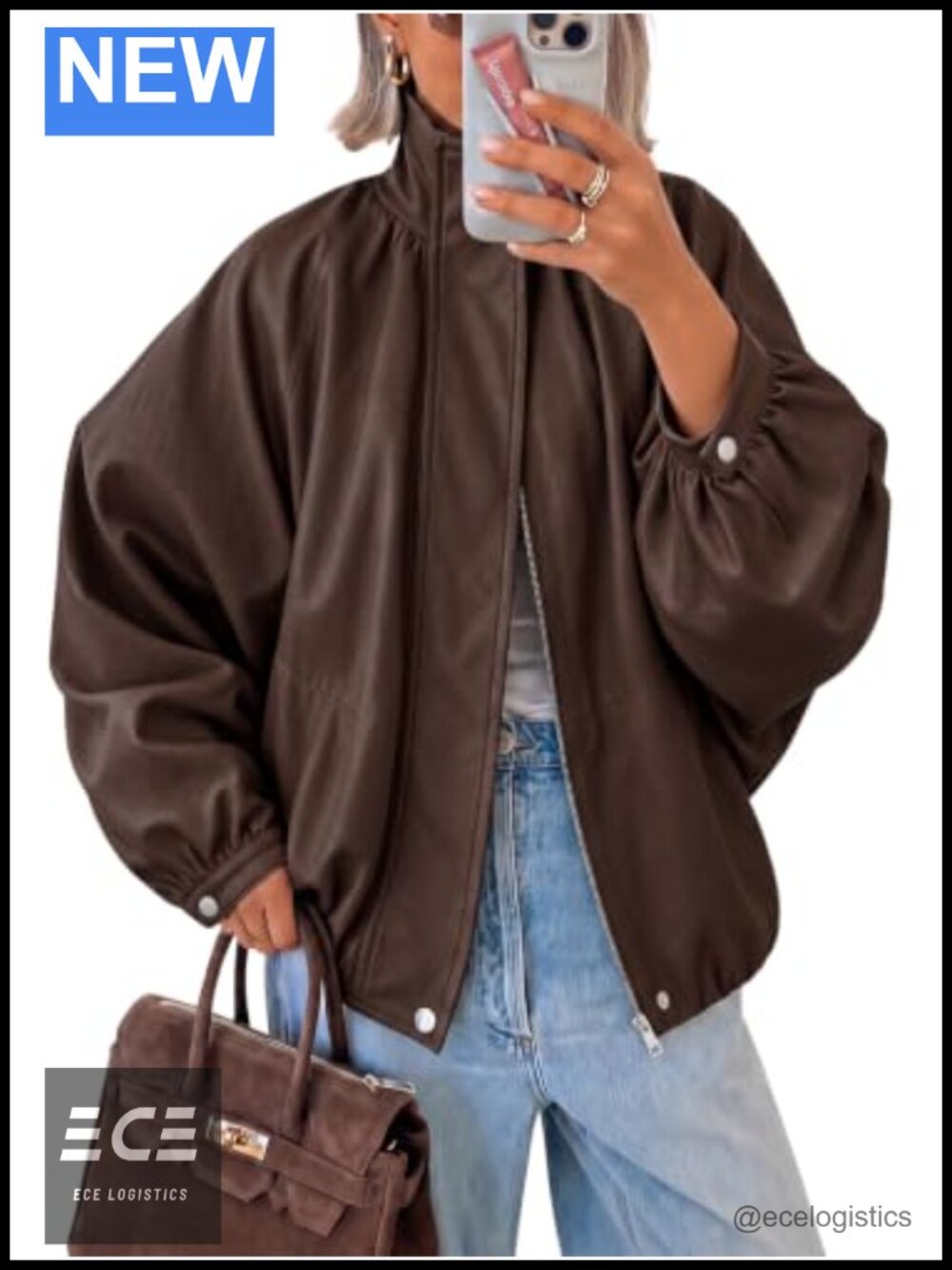 Faux Leather Bomber Jacket Puff Sleeve Zip Fall Coat